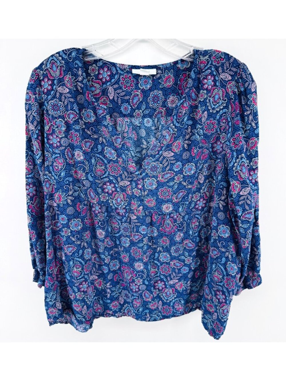 J. Jill Blue Pink Floral Split V-Neck 3/4 Sleeve Blouse Petite Large PL